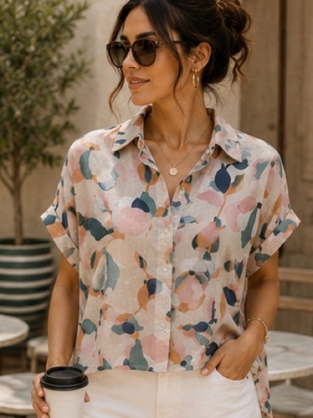 Rachel Zoe 100% Linen Abstract Print Boxy Button-Up High-Low Top Large (est)